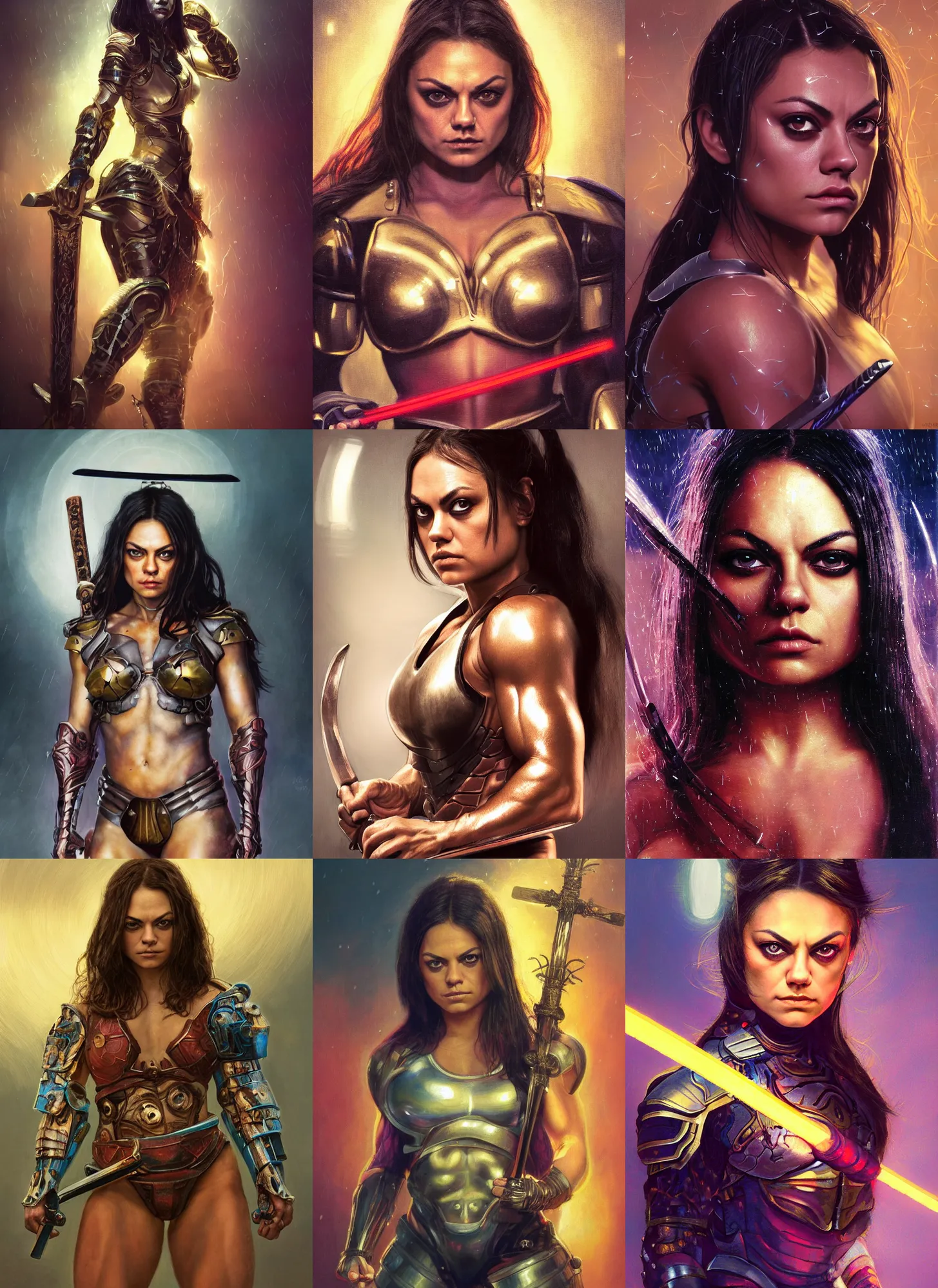 Image similar to bodybuilder mila kunis closeup portrait of a beautiful biblical diabolical samurai girl looking into the camera holding a sword, cyborg neon lit armor, foggy fireflies, cinematic studio light, golden hour, gerald brom, mikhail vrubel, peter elson, muted pastel colors, extreme detail, light rain, trending on artstation, 8 k