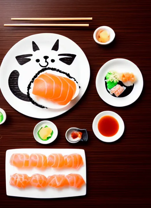 Image similar to clear photograph of cute cats eating sushi from sushi plates