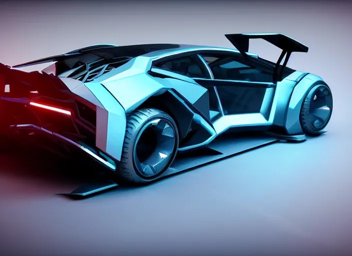 Image similar to cyberpunk lamborghini concept inspired car, futuristic look, highly detailed body, aerodynamic body, photorealistic camera shot, bright studio setting, studio lighting, crisp quality and light reflections, unreal engine 5 quality render