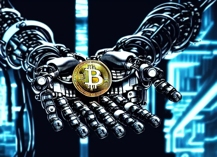 Image similar to mechanical terminator hand holding a bitcoin between two fingers. centered. horror cyberpunk dystopia style. highly detailed 8 k. intricate. nikon d 8 5 0 3 5 mm. award winning photography.