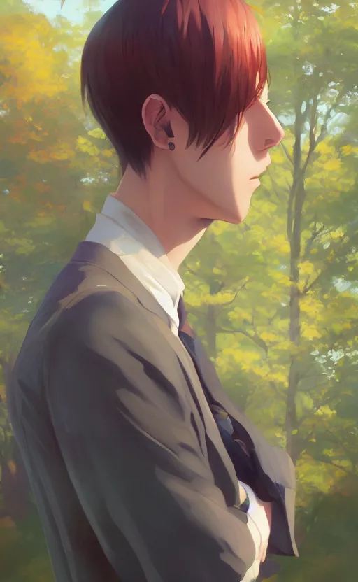 Image similar to a portrait of a male character on a park, vivid colors, soft lighting, atmospheric, cinematic, moody, in the style of ilya kuvshinov and range murata, krenz cushart, rule of thirds, oil on canvas, 8 k