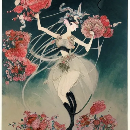 Image similar to Louis Icart, an old elaborate painting of an abstract robot tornado made entirely out of flowers coming out of her head, highly detailed, swirling, flowing, dancing, dreaming, masterpiece - H 704