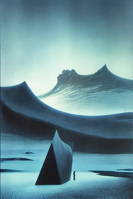 Image similar to emissary iceland highlands by arthur haas and bruce pennington and john schoenherr, cinematic matte painting, zaha hadid a - frame building, photo realism, dark moody color palate, blue hour stars, desolate glacial landscape,