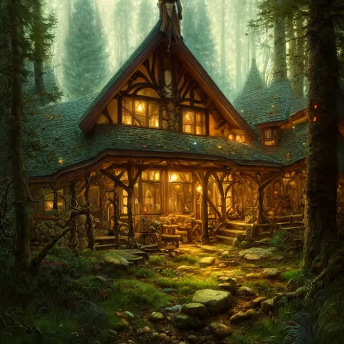 Image similar to cozy cabin in an ancient forest , diffuse lighting, fantasy, intricate, elegant, highly detailed, lifelike, photorealistic, digital painting, artstation, illustration, concept art, smooth, sharp focus, art by John Collier and Albert Aublet and Krenz Cushart and Artem Demura and Alphonse Mucha