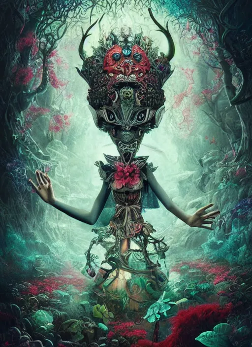 Image similar to alice in wonderland, aztec god, highly detailed, cinematic, 8 k, by megan duncanson, benjamin lacombe, adrian borda, stanley artgermm, tom bagshaw, craig mullins, carne griffiths, ayami kojima, beksinski, giger, trending on deviantart, hyper detailed, horror, full of colour