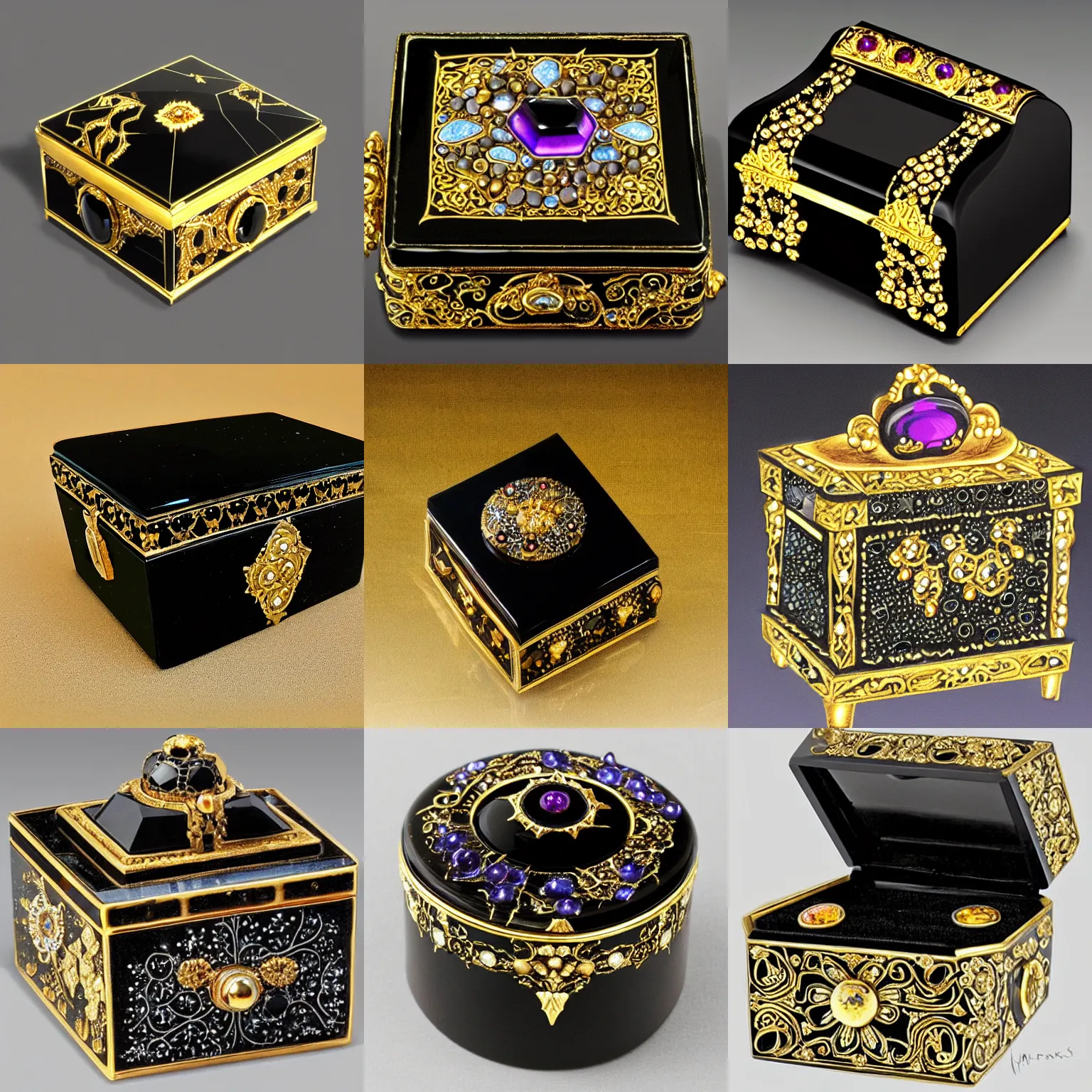 Prompt: a small, black, magical box, made of polished onyx stone. it has intricate golden mechanisms, including glowing rubies, topazes, sapphires, and amethysts. drawn in a fantasy style.