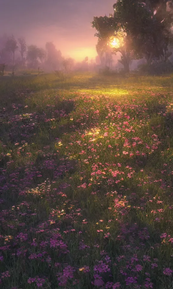 Prompt: the dawn brought by thousands flower, featured in artstation, octane render, cinematic, elegant, intricate, ultra detailed, rule of thirds, unreal engine, fantasy, concept art, sharp focus, illustration, 8 k