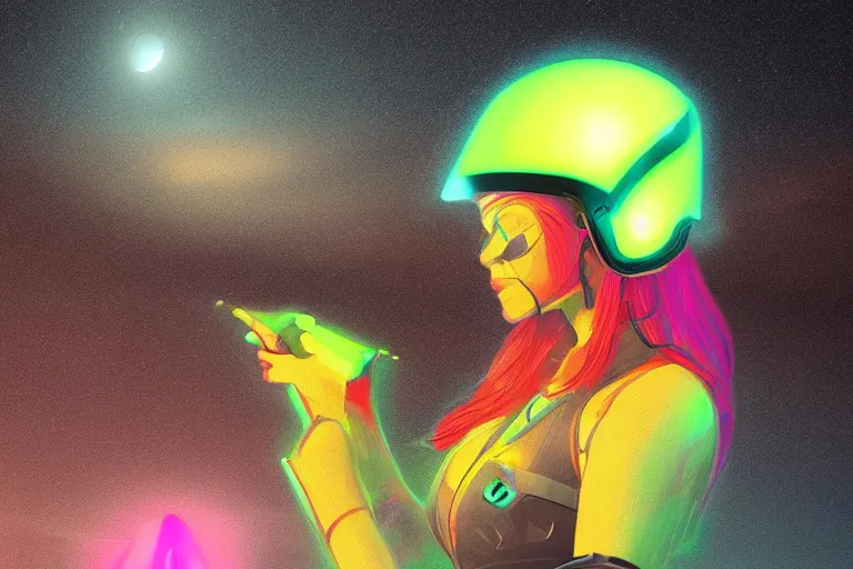 Prompt: a woman wearing a helmet which has neon on it very detailed with a great landscape, artstation unreal