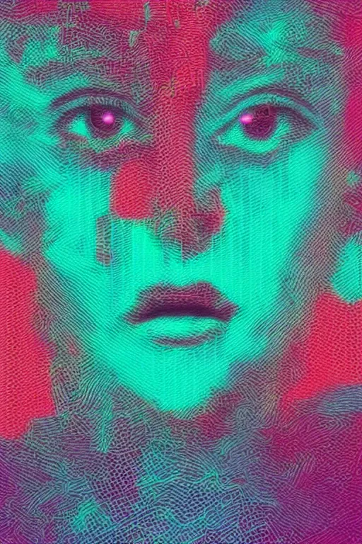 Prompt: portrait, vaporwave, synthwave, ambient, retro, futurism, pixel sorting, glitch art, abstract art