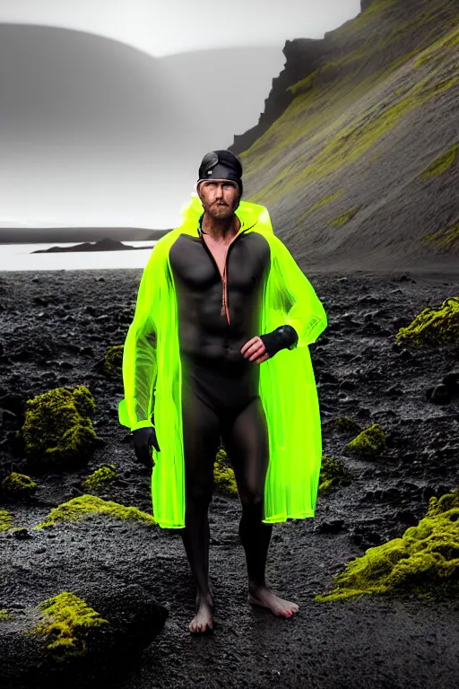 Image similar to an ultra high definition professional high fashion portrait studio full length photograph of a tarzan wearing a transparent pearlescent raincoat and neon visor in an icelandic black rock environment at dawn. no artefacts. extremely detailed. stark. refraction. shallow depth of field. volumetric light and shadow. ray tracing. light rays.