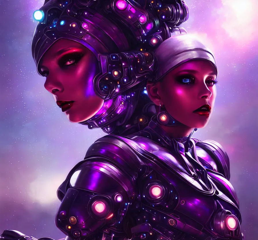 Image similar to cyber female with purple mechanic eyes and red lips and metallic skin, face, sci - fi, metal, constellation cyberpunk city on background, breathtaking stars, elegant, highly detailed, digital painting, artstation, concept art, smooth, sharp focus, spiritual art, art by artgerm and greg rutkowski and alphonse mucha, psychedelic, illustration,
