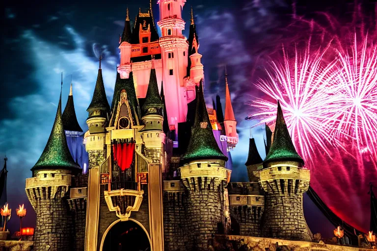 Image similar to Dracula\'s Castle inside Disney World at night, sky with fabulous fireworks, Gothic, ultra realistic, dramatic light, 4k