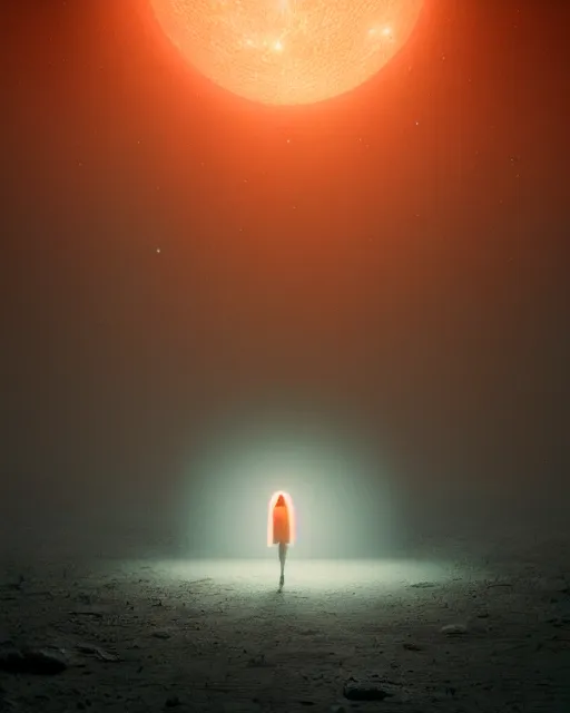 Image similar to a person standing in front of a glowy open door that's on a barren moon, poster art by mike winkelmann, trending on cg society, space art, sci - fi, ue 5, futuristic, volumetric lighting