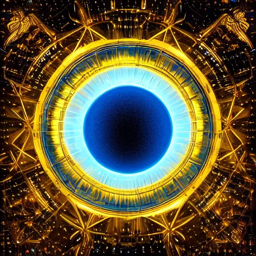 Prompt: a giant blue star inside a golden artificial megastructure, highly detailed artwork, cgi