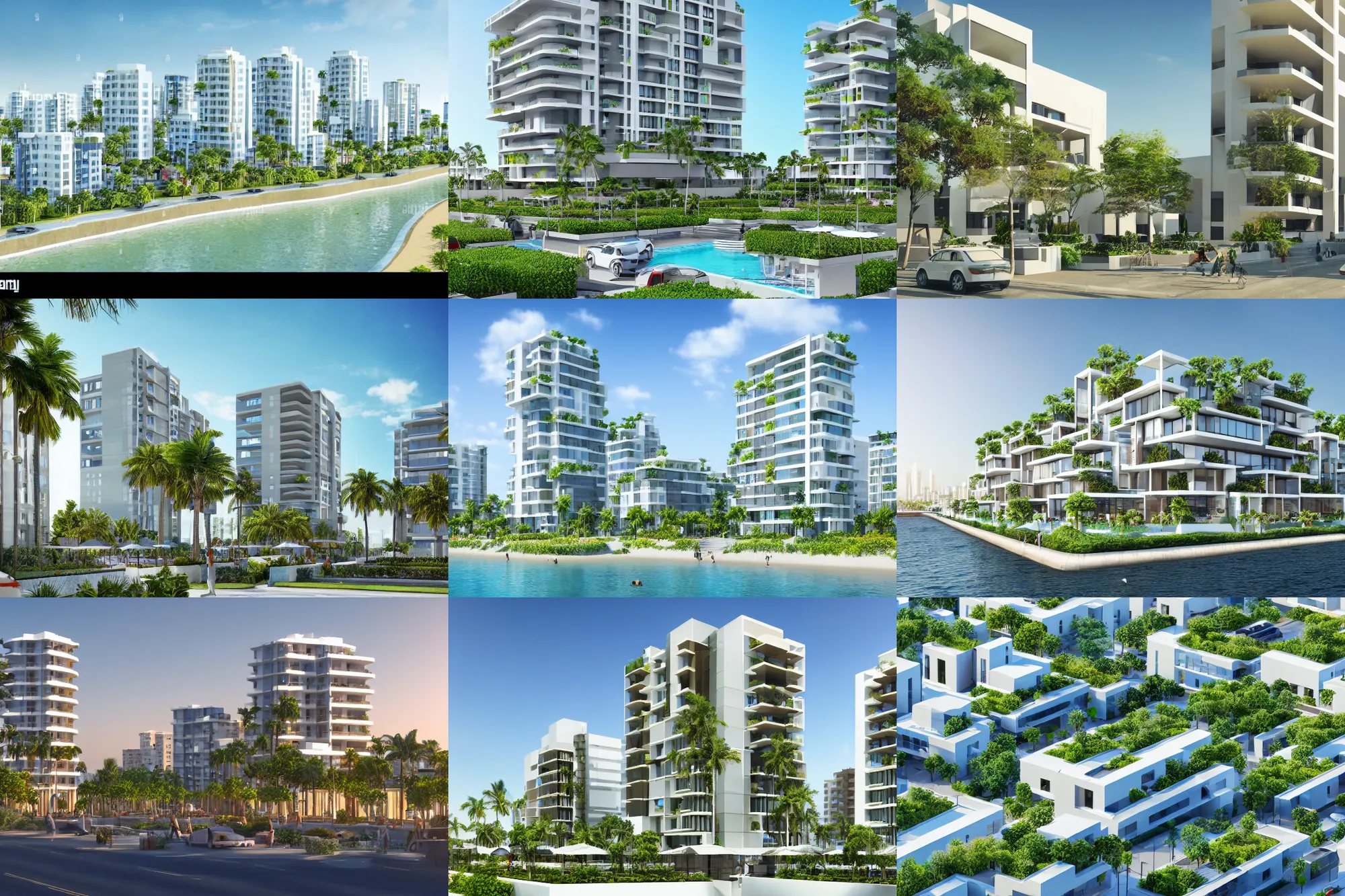 Prompt: render of a city with beautiful modern homes, designed for cozy aesthetics!, beachfront, highrise business district, energy efficiency and maximizing plants and greenery, cg render, sunny sky light, high resolution, professional