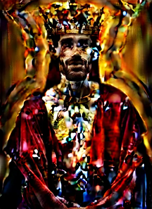 Image similar to 'Portrait of Crowned King Arthur' by Lee Jeffries royally decorated, whirling plasma, atmospheric motes, red and gold Sumptuous garb, gilt silk fabric, radiant colors, fantasy, perfect lighting, studio lit, micro details,