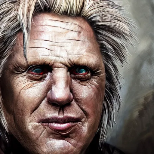 Image similar to hyperrealistic mixed media high resolution painting of Gary Busey Emperor Palpatine, stunning 3d render inspired art by Jamie Salmon and WForrest and Greg Rutkowski, perfect facial symmetry, dim volumetric lighting, 8k octane beautifully detailed render, full body shot, post-processing, extremely hyper-detailed, intricate, epic composition, highly detailed attributes, highly detailed atmosphere, cinematic lighting, masterpiece, trending on artstation, very very detailed, masterpiece, stunning, flawless completion, lifelike texture, perfection,