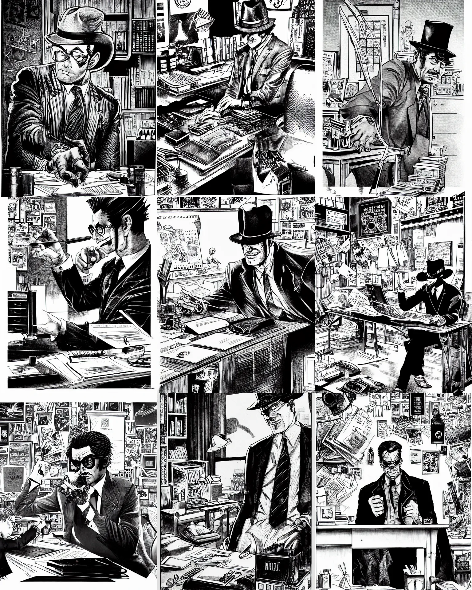 Prompt: highly detailed ink illustration of detective noir at a his desk, b & w clean shaped illustration by kim jung gi, ric estrada, ron english and eiichiro oda