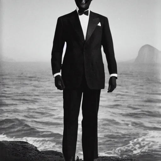 Image similar to vintage photo of a black man wearing a black suit in front of rio de janeiro