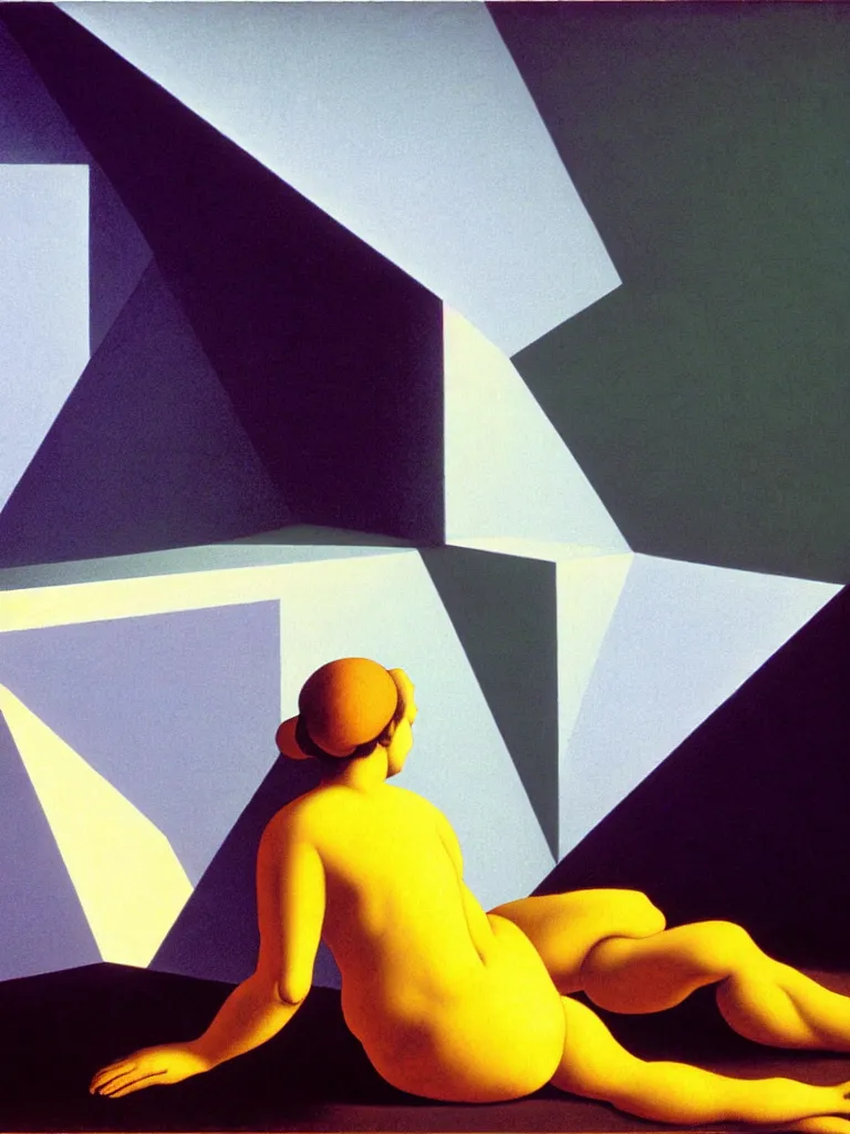 Prompt: hyperrealistic still life wide shot a woman dressed in loose fabric, sitting on the ground relaxing, sacred geometry, light refracting through prisms, by caravaggio, surrealism, vivid colors, serene, golden ratio, rule of thirds, negative space, minimalist composition, by rene magritte and james turrell