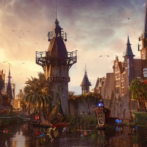 Image similar to a festive seaside magical village with witches and wizards, knights and scholars, inspired by victorian england and amsterdam, palm trees, highly detailed, intricate, digital painting, trending on artstation, concept art, matte painting, art by greg rutkwowski, craig mullins, octane render, 8 k, unreal engine