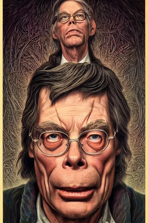 Image similar to highly detailed portrait of stephen king by alex grey, patrick woodroffe, mark ryden created by gustave dore and greg rutkowski, high detailed, smooth draw, synthwave neon retro, intricate, realistic proportions, dramatic lighting, trending on artstation