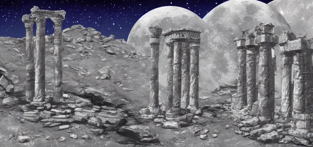 Image similar to The fall of the Silver Millennium from Sailor Moon, digital painting, Greek-esque columns and ruins on the moon