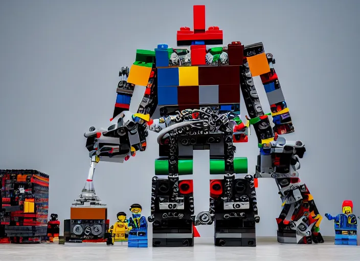 Prompt: a high-definition photograph of a huge robot built of Lego bricks and Lego motors