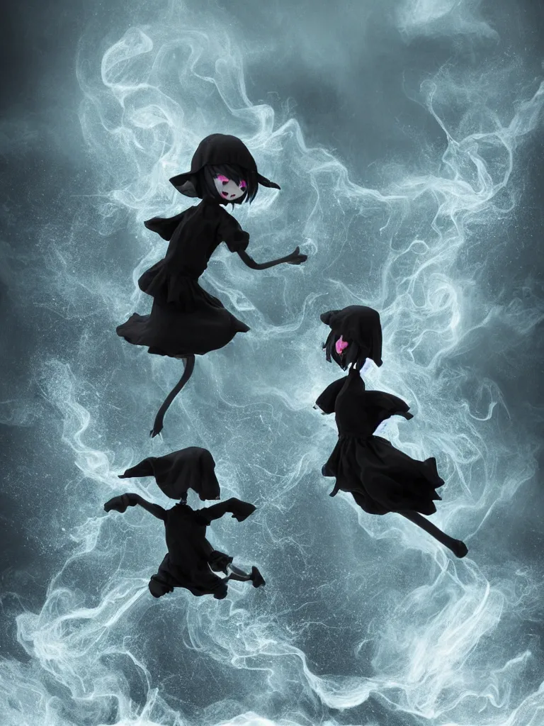 Image similar to cute fumo plush of a cursed frail witch girl jumping into an inky black reflective pond of blackness swirling with strange energetic fluid, volumetric smoke and fog, diving splash, goth, vignette, vray