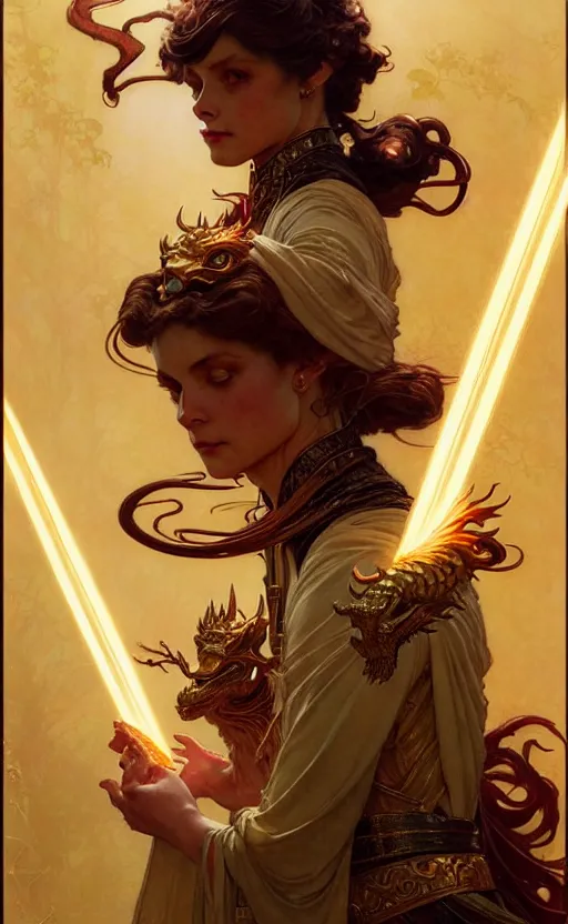 Prompt: magic gold dragon gorgeous lighting by weta studio, mucha, bautista and norman rockwell and greg rutkowski and tom bagshaw and james gurney and lucasfilm