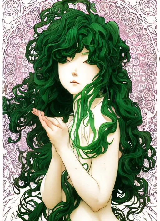 Image similar to detailed portrait art of tatsumaki with green curly hair, art by ross tran ilya kuvshinov krenz cushart, by alphonse mucha, very detailed, intricate, digital anime art, sharp focus