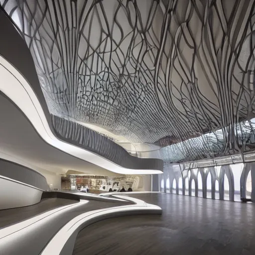 Prompt: extremely elegant detailed stunning beautiful futuristic museum lobby interior by Zaha Hadid