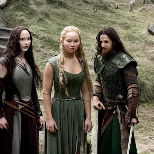 Image similar to first photos of 2 0 2 4 female lotr remake show 3 starts - jennifer lawrence as legolas, megan fox as aragorn and florence pugh as gimli, ( eos 5 ds r, iso 1 0 0, f / 8, 1 / 1 2 5, 8 4 mm, postprocessed, 4 k )