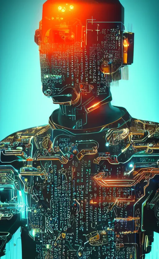 Image similar to a beautiful!! photo of a middle - aged!! bionic!! male!! cyborg, cyberpunk, circuit boards, electronic components, augmented vision, volumetric light, photography, dystopian, extremely detailed, photorealistic!, stunning, digital art trending on artstation, orange, cyan, washed out colors