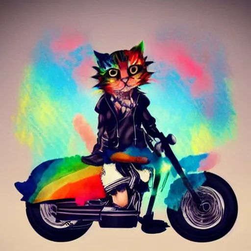 Image similar to wide angle full body, jacket wearing fluffy cute rainbow kitten wearing a black leather motorcycle jacket, riding on a motorcycle, cinematic concept art