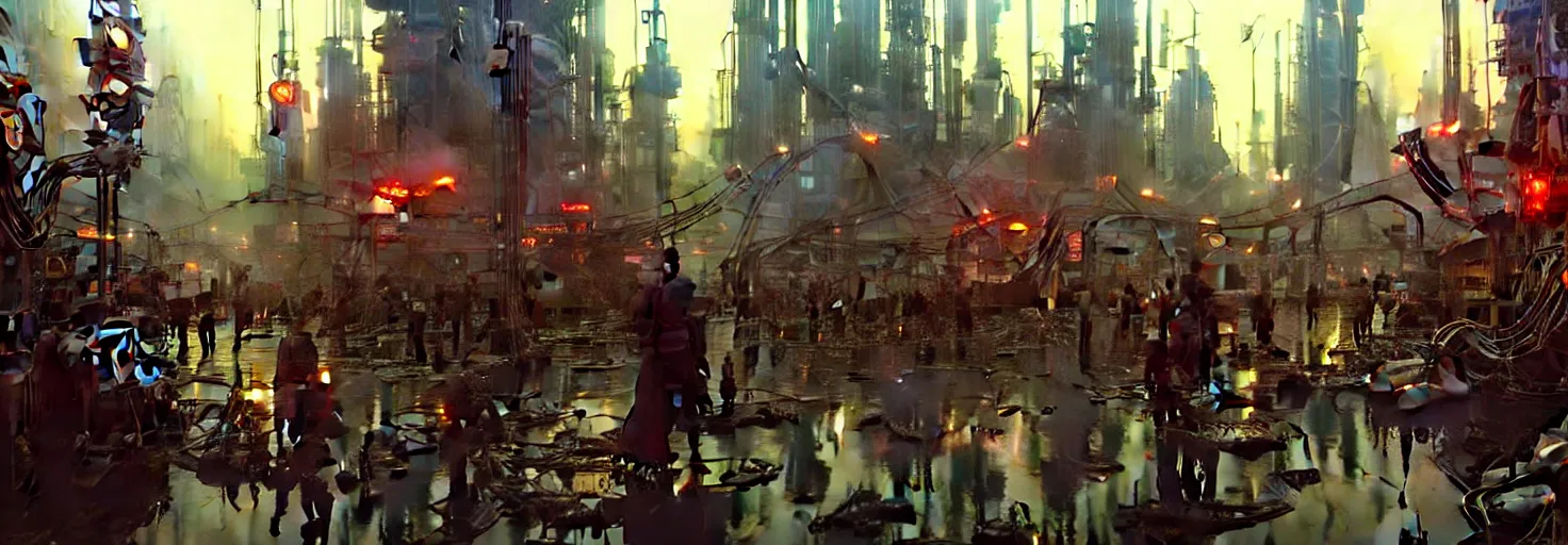 Image similar to steampunk cyberpunk city in a swamp, busy market, godrays, cinematic, poster art by weta studio, lucasfilm jesper ejsing, norman rockwell, mucha, ilya kuvshinov, greg rutkowski frank frazzeta on artstation