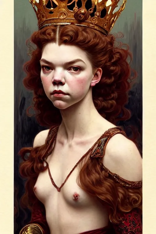 Image similar to queen's gambit!!, beth harmon!! anya taylor - joy!! perfect face!!, fantasy, intricate, elegant, highly detailed, photorealistic, artstation, concept art, smooth, sharp focus, art by john collier and albert aublet and krenz cushart and artem demura and alphonse mucha