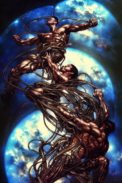 Prompt: two muscular men entwined, floating in space, zero gravity, inside a brutalist space ship by ayami kojima, amano, karol bak, greg hildebrandt, and mark brooks, hauntingly surreal, gothic, rich deep colors.