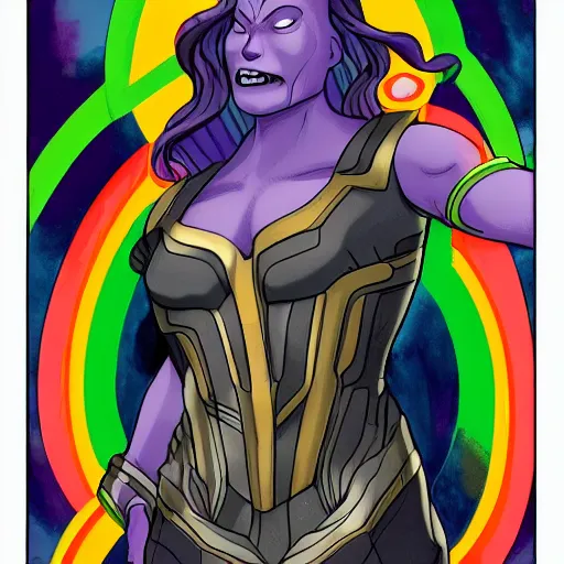 Prompt: thanos in a dress riding down a rainbow