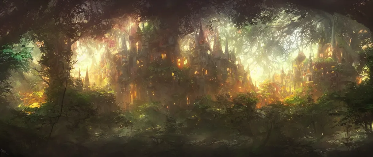 Prompt: magical castle in the forest behind a garden, concept art, digital painting, style of jordan grimmer, warm lighting, futuristic, volumetric lighting, view from below, vivid colours, bright, daytime, godrays, high detail