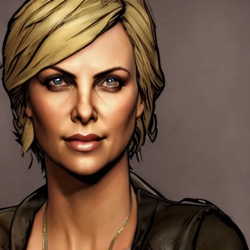 Image similar to charlize theron portrait, borderlands, tales from the borderlands, the wolf among us, comic, cinematic lighting, studio quality, 8 k