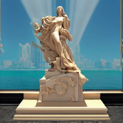 Image similar to baroque vaporwave statue, trending on art station, 4k UHD, 8k, painting illustration, high detail, rendered in unreal engine, 3d render, god rays, volumetric lighting, award winning, photorealistic, clear face