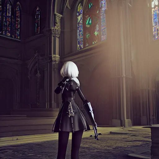 Image similar to 2B nier automata standing in front of a church, detailed, artstation, concept art, Unreal Engine 5 render, 8K