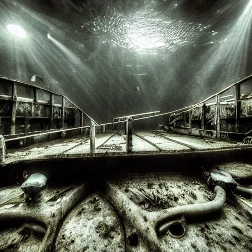 Image similar to abandoned rusty underwater theme park, surreal, horror, eerie, creepy, murky water, underwater, underwater photography, dark, submechanophobia, open ocean, fish swimming in distance, night,