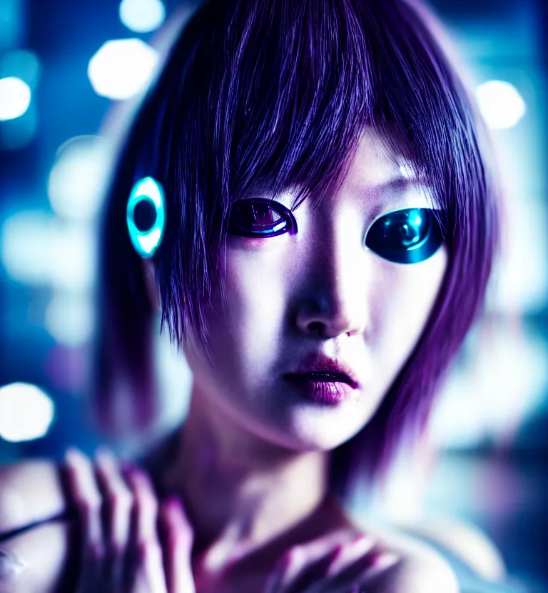 Image similar to a photo close up a cyberpunk female supermodel, shibuya prefecture, midnight, photorealistic, cinematic color, studio lighting, highly detailed, bokeh, style by tomino - sama