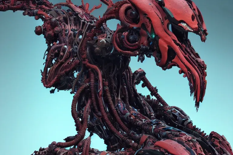 Image similar to portrait of a posed hyper detailed complex, plowhorn evangelion realistic mechanical and fleshy organic creature similar look as horizon forbidden west horizon zero dawn bioluminiscence in a dark deep forest at dawn in spring, with reflection and textures, by kilian eng, substance painter reaslitic mech surface metal painted scratches