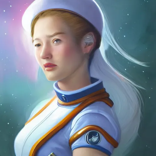 Image similar to epic portrait a space waitress with short sleeves and white uniform, long flowing hair, beauty, pretty face, glossy skin, glossy lips, fit, digital painting, artstation, concept art, soft light, hdri, smooth, sharp focus, illustration, fantasy, intricate, elegant, highly detailed, D&D, matte painting, in the style of Greg Rutkowski and Alphonse Mucha and artemisia, 8k, highly detailed, jurgens, rutkowski, bouguereau, pastoral, rustic, georgic