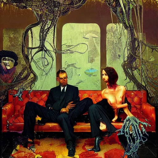 Prompt: two lovers wearing a suit made of nervous system, seated in a sofa, channeling third eye energy, surrounded by a background of dark cyber mystic garden of earthly delights, midnight hour, painted part by wojciech siudmak, part by ilya repin, part by norman rockwell, part by hype williams, artstation