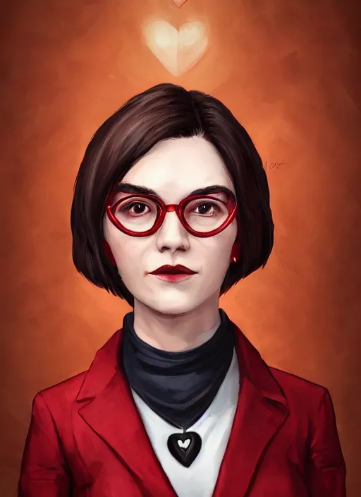 Prompt: hearts of iron 4 leader portrait of a young girl with dark brown bob haircut, round reading glasses, red eyes, red suit and tie, strong eyebrows, light red horns, democratic, trending on artstation, highly detailed, character portrait, ylva ljungqvist, custom portraits, paradox interactive