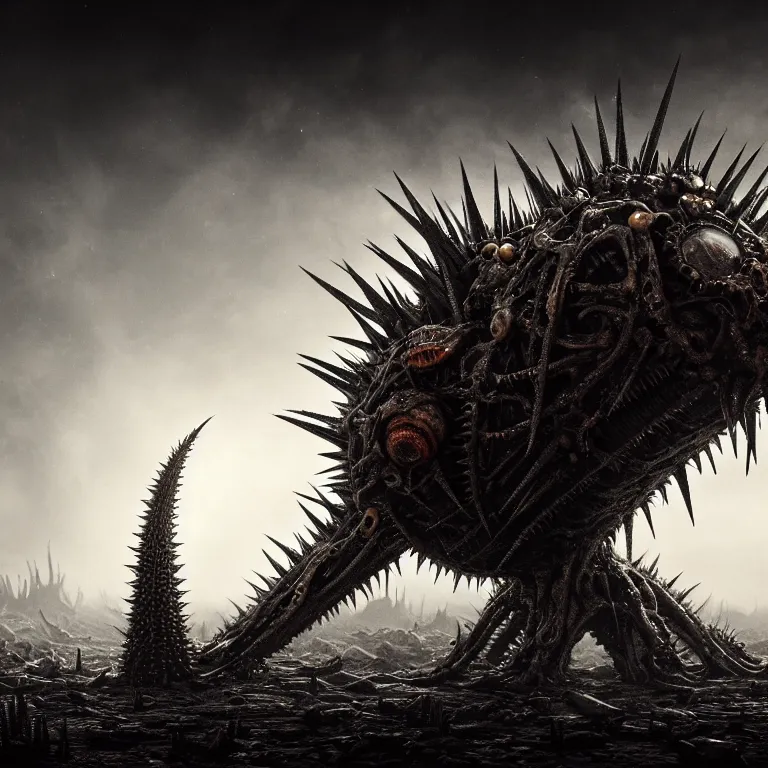 Prompt: ribbed symmetrical surreal spiky spinal abandoned alien on exoplanet, covered with spikes, in a desolate empty wasteland, creepy, nightmare, dream-like heavy atmosphere, surreal abandoned buildings, beautiful detailed intricate insanely detailed octane render trending on Artstation, 8K artistic photography, photorealistic, chiaroscuro, Raphael, Caravaggio, Beksinski, Giger